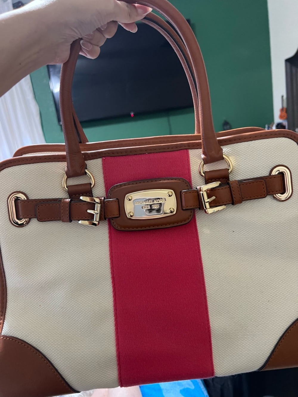 Michael Kors Cream Canvas Satchel with Red Center Stripe and Brown Leather Trim
